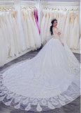  Long Sleeves Tulle Sheer Jewel Beading Ball Gown Wedding Dress