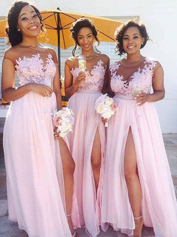 Pink Princess Scoop  Applique Chiffon Bridesmaid Dress