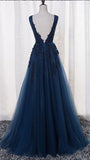 Navy Blue Tulle with Lace Appliqued Prom Dresses
