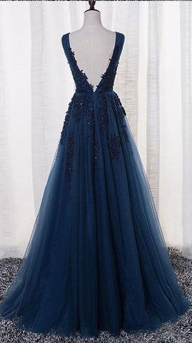 Navy Blue Tulle with Lace Appliqued Prom Dresses – Sassymyprom