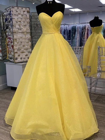 Open Back Tulle Beautiful Strapless Sequins Yellow Prom Dress