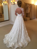  High Neck Long Sleeves Lace A-Line Court Train Wedding Dress