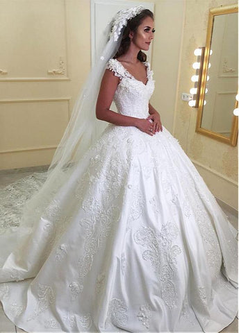 Beading Satin V-neck 3D Flowers Ball Gown Wedding Dress