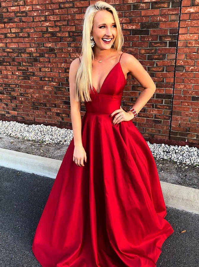 V-Neck Red Satin Prom Dress with Pockets – Sassymyprom