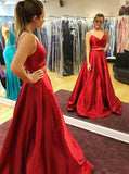  Red Satin Two Piece Spaghetti Straps Prom Dress with Pleats