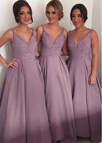 Sparkly Tulle & Satin V-neck Neckline Full Length A-line Bridesmaid Dresses With Beadings & Pocket