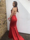 Mermaid Satin V-neck Backless Pleats Sexy Red Prom Dress