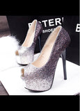 Dazzling Sequin Upper Peep Toe Stiletto Heels Party Shoes Silver