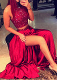 Burgundy Two Piece A-line Prom Dresses With Beadings