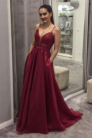 Satin Sequin Simple V Neck Long Prom Dress With Pockets