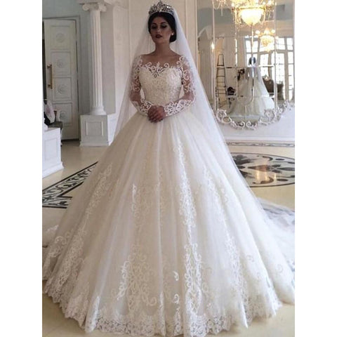 Ball Gown Tulle Applique Off-the-Shoulder Long Sleeves Long Wedding Dress