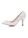 Sweet Lace Upper Closed Toe Stiletto Heels Wedding/ Bridal Party Shoes With Pearls & Lace Flowers