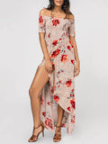 Floral Off Shoulder Asymmetric Maxi Smocked Dress