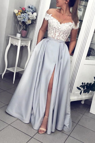 Gray Appliques Satin Off The Shoulder Prom Dress With Slit