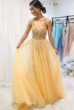 Tulle Long Beading Sexy Yellow V Neck Sparkle Prom Dress