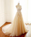 Champagne V Neck Tulle Lace Long Prom Dress