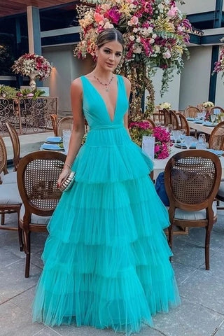 Turquoise Tulle Deep V Neck Ice Blue Ruffle A Line Prom Dress