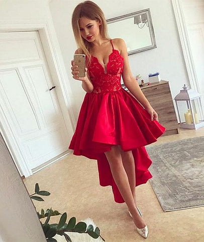 Red v Neck Lace High Low Prom Homecoming Dress