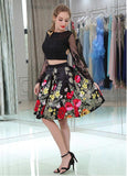 Lace & Floral Cloth Bateau Neckline Illusion Long Sleeves A-line Two -piece Homecoming Dresses With Beadings