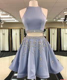 Sparkle Blue Two Pieces Beads Sequin Short Prom Homecoming Dress