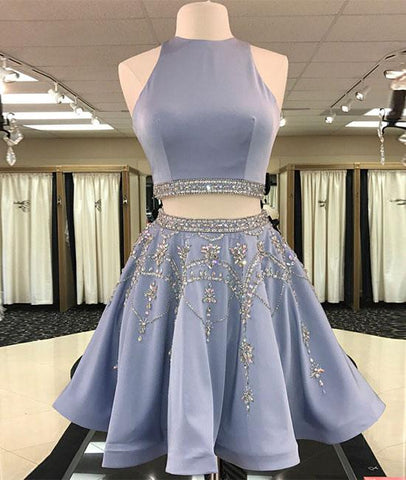 Sparkle Blue Two Pieces Beads Sequin Short Prom Homecoming Dress