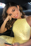Sexy Mermaid Backless Beaded Lace Yellow Prom Dress