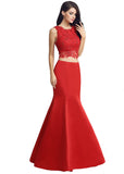Graceful Satin & Lace Jewel Neckline Two-piece Mermaid Evening Dresses With Beadings