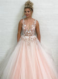 A-Line V-Neck Floor-Length Pink Prom Dress with Appliques Beading