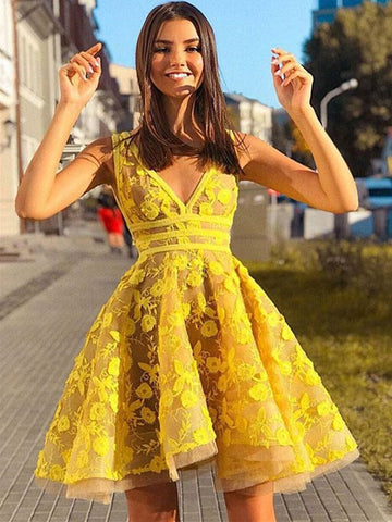 Unique V Neck Lace Appliques Yellow Short Prom Dress