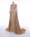 Long Sleeves Sequin Gold Mermaid Prom Dress