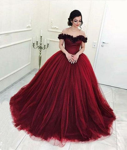 Burgundy Off Shoulder Tulle Long Prom Dress