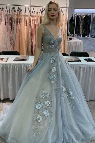 Silver Tulle V Neck 3D Flower Appliques Floor Length Prom Dress