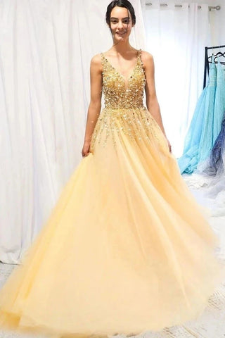 Tulle Long Beading Sexy Yellow V Neck Sparkle Prom Dress