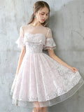 Romantic White Button Lace Short Sleeves Homecoming Dress