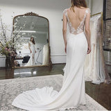 Cap Sleeves Appliques Backless V-neck Beach Lace Bridal Dress