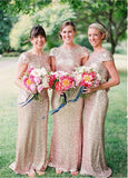 Gorgeous Sequins Lace Bateau Neckline Full Length Sheath Bridesmaid Dress