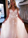 Champagne Lace Appliques Backless Romantic Wedding Dress
