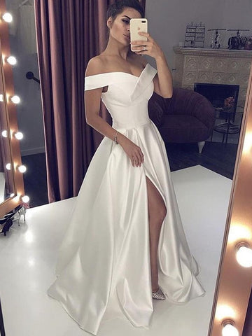 Off Shoulder White Satin Long Prom Dress with Slit