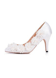 Sweet Satin Upper Closed Toe Stiletto Heels Wedding/ Bridal Party Shoes With Flowers & Pearls
