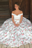 Tulle Off the Shoulder Floral Beautiful White Two Piece Prom Dress