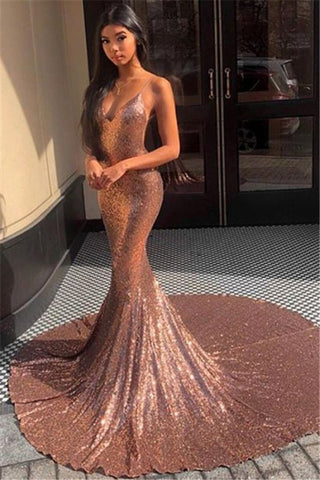 Sequins Sexy Spaghetti Straps Backless Mermaid Prom Dress