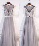 GRAY ROUND NECK LACE TULLE LONG PROM DRESS, GRAY EVENING DRESS