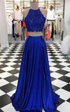 High Neck Blue Two Pieces Long Prom Dress
