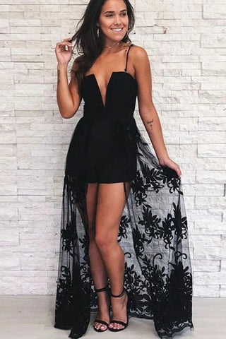 Black High Low Tulle Appliques Spaghetti Straps Prom Dress