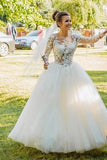 Tulle Lace Appliques Ball Gown Long Sleeve Scoop Wedding Dress