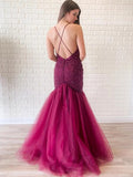 Purple Mermaid Backless Tulle Spaghetti Straps Beading Prom Dress