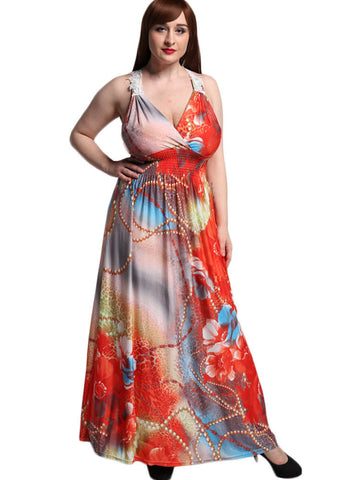 Red V-neck Sleeveless Printed Elastic Waist Bohemian Dresses