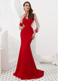 Satin Bateau Red Beading Long Sleeves Mermaid Evening Dress