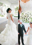 Exquisite Tulle & Organza Queen Anne Neckline Mermaid Wedding Dresses With Lace Appiques & Ruffles