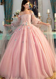 Tulle Off-the-shoulder Pink Long Sleeves Ball Gown Prom Dress With 3D Flowers